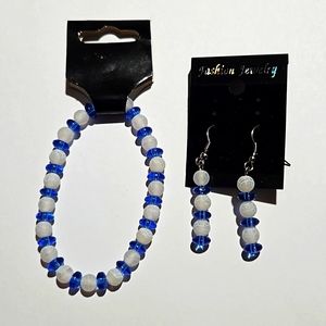 Blue and white beaded stretch bracelet and earrings